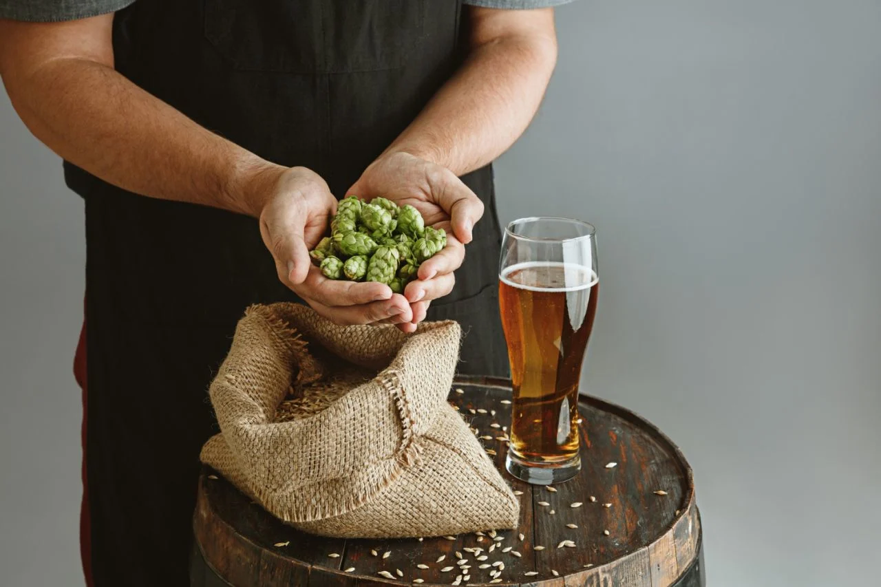 Brewer holding hops beside a glass of beer.