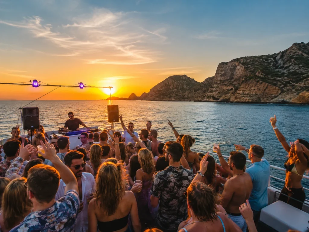 Crowd dancing at an Ibiza boat party during sunset, with cliffs and the sea in the background.