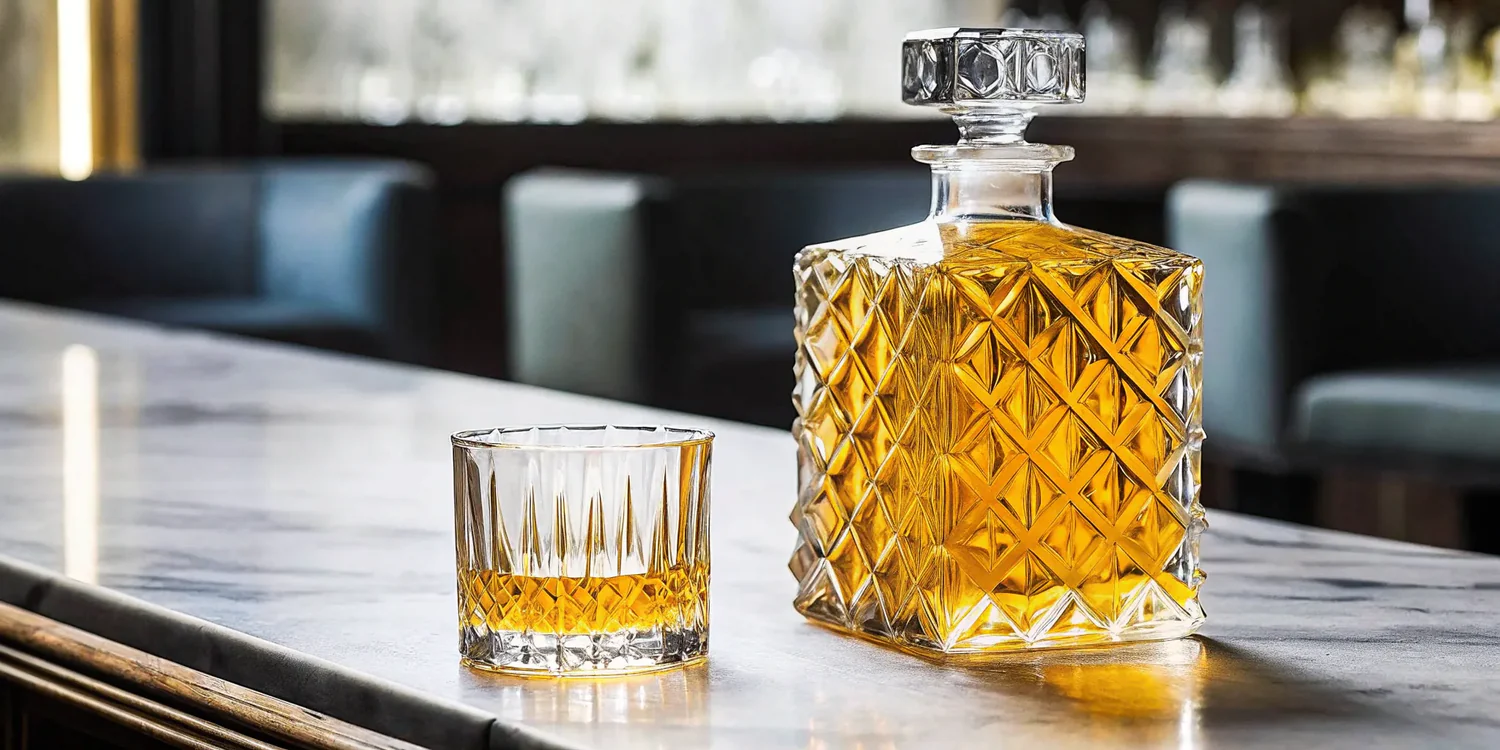 Cut-glass decanter and tumbler filled with amber tequila on a marble bar.