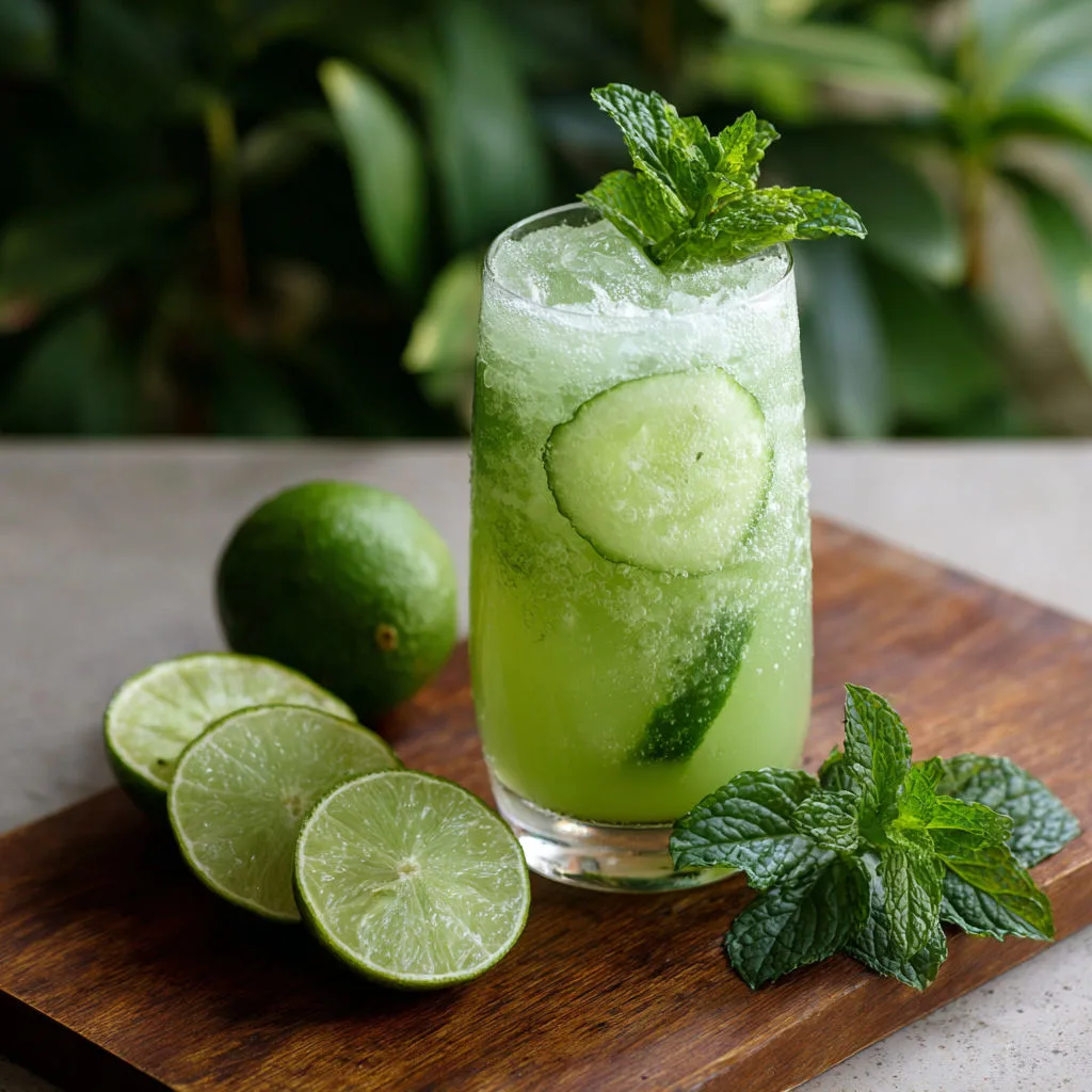 Fresh cucumber mojito with lime and mint garnish.