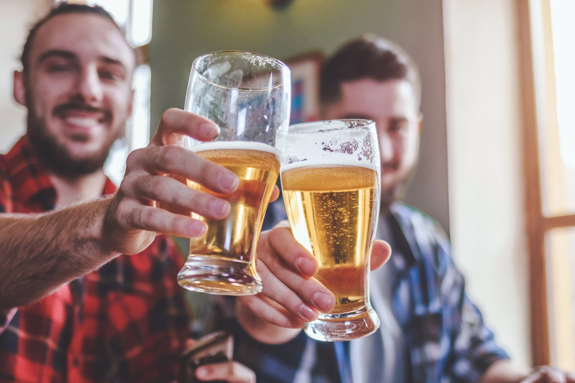 Friends toasting with beer glasses during a casual gathering.