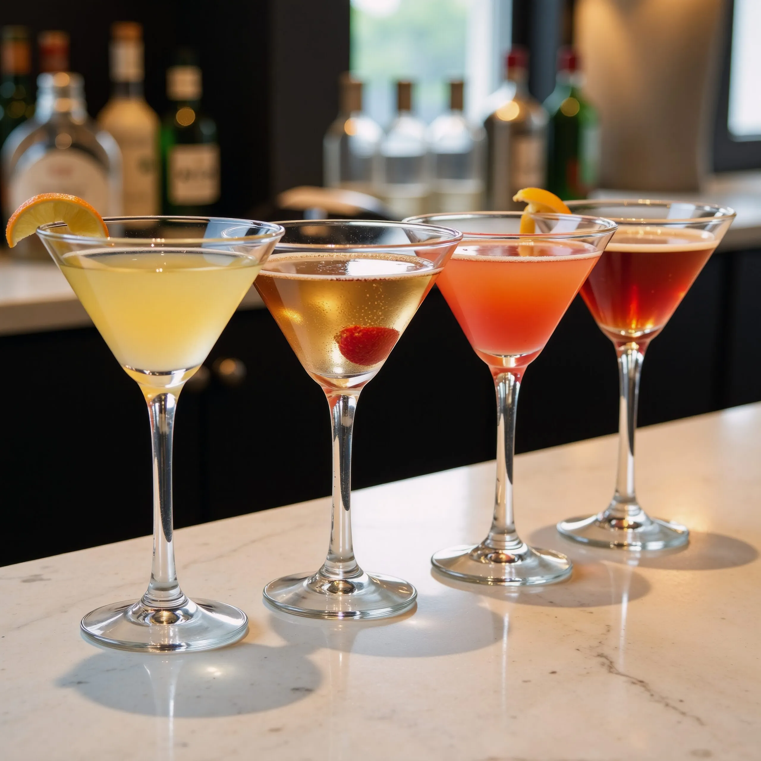 Assorted colorful martini cocktails served at a bar.