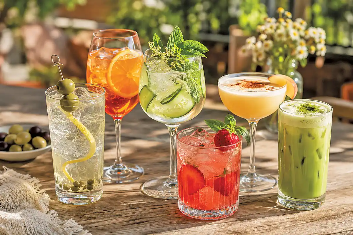 Assorted trending cocktails and refreshing drinks on an outdoor table.