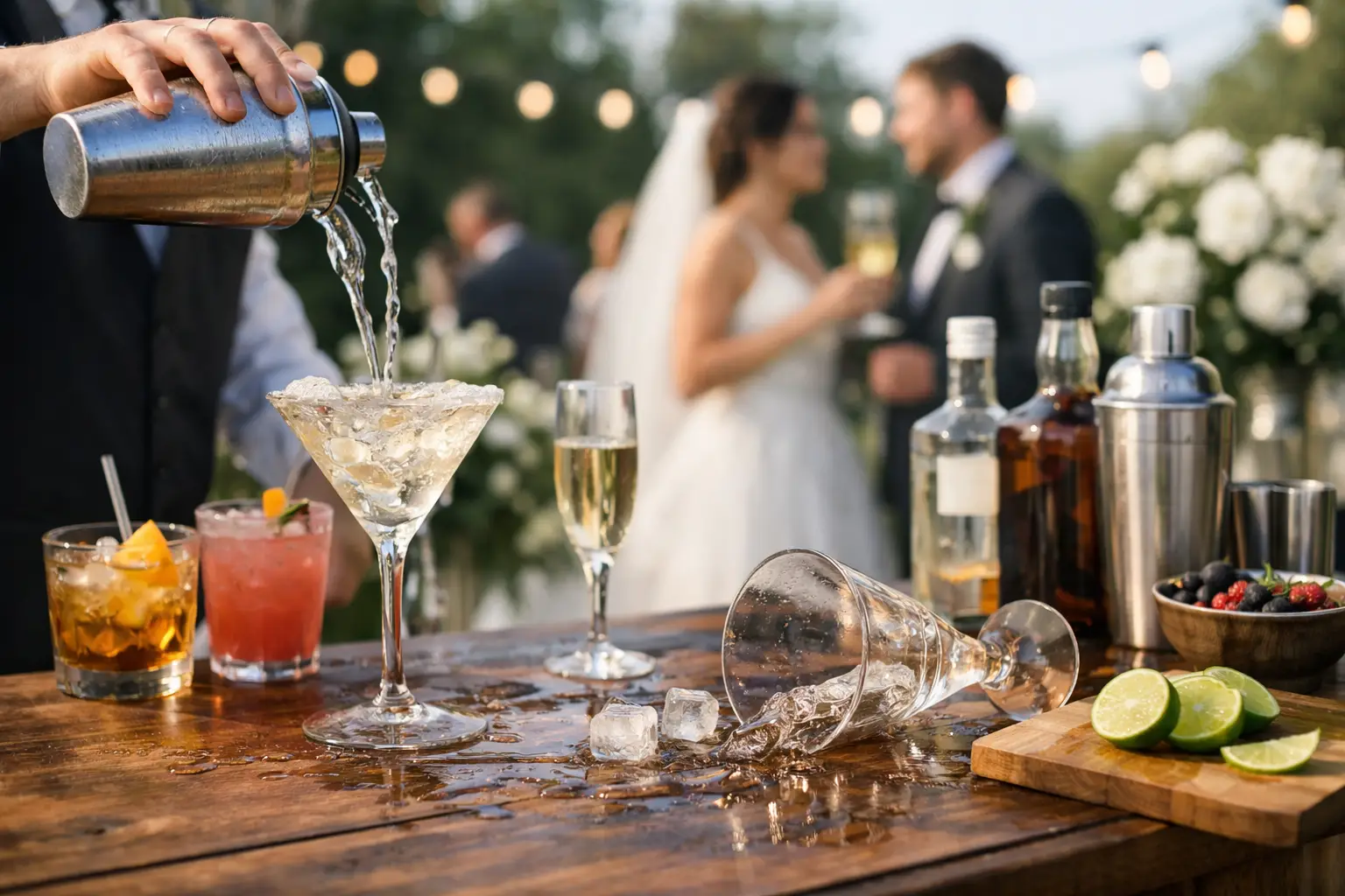 Bartender preparing cocktails at an outdoor wedding reception