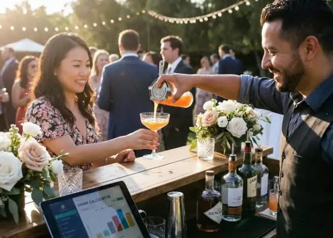 Bartender serving a cocktail at an outdoor wedding event