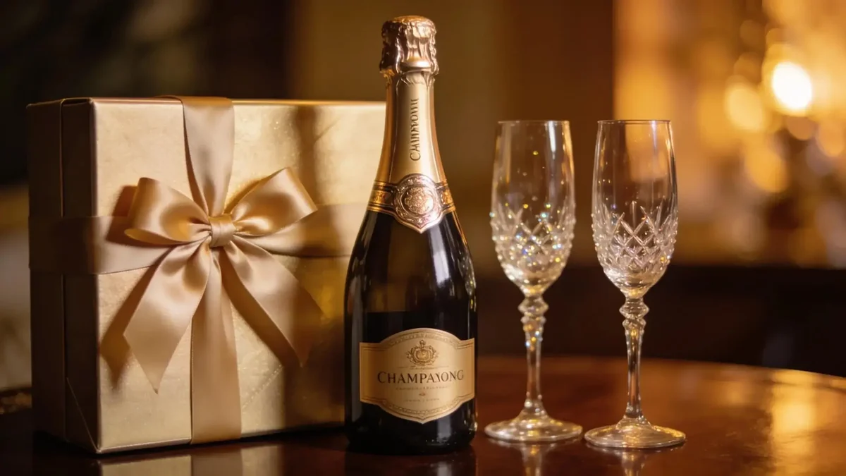 Champagne bottle with gift box and glasses for a celebration gift.