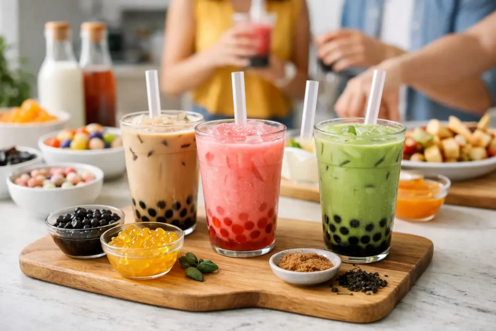 Colorful non-alcoholic party drinks with toppings and ingredients on a table.