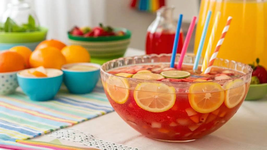 Colorful party punch with fresh fruit slices prepared for a celebration.