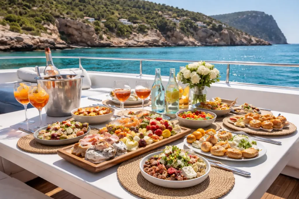 Luxury Ibiza villa with a private swimming pool, palm trees, and sun loungers.