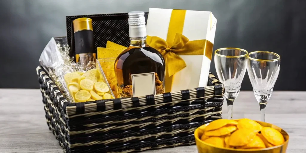Luxury drink gift basket with bottle, glasses, and treats for celebrations.