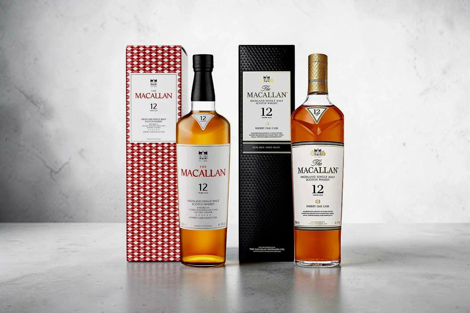 Macallan 12 whisky bottles with their presentation boxes.