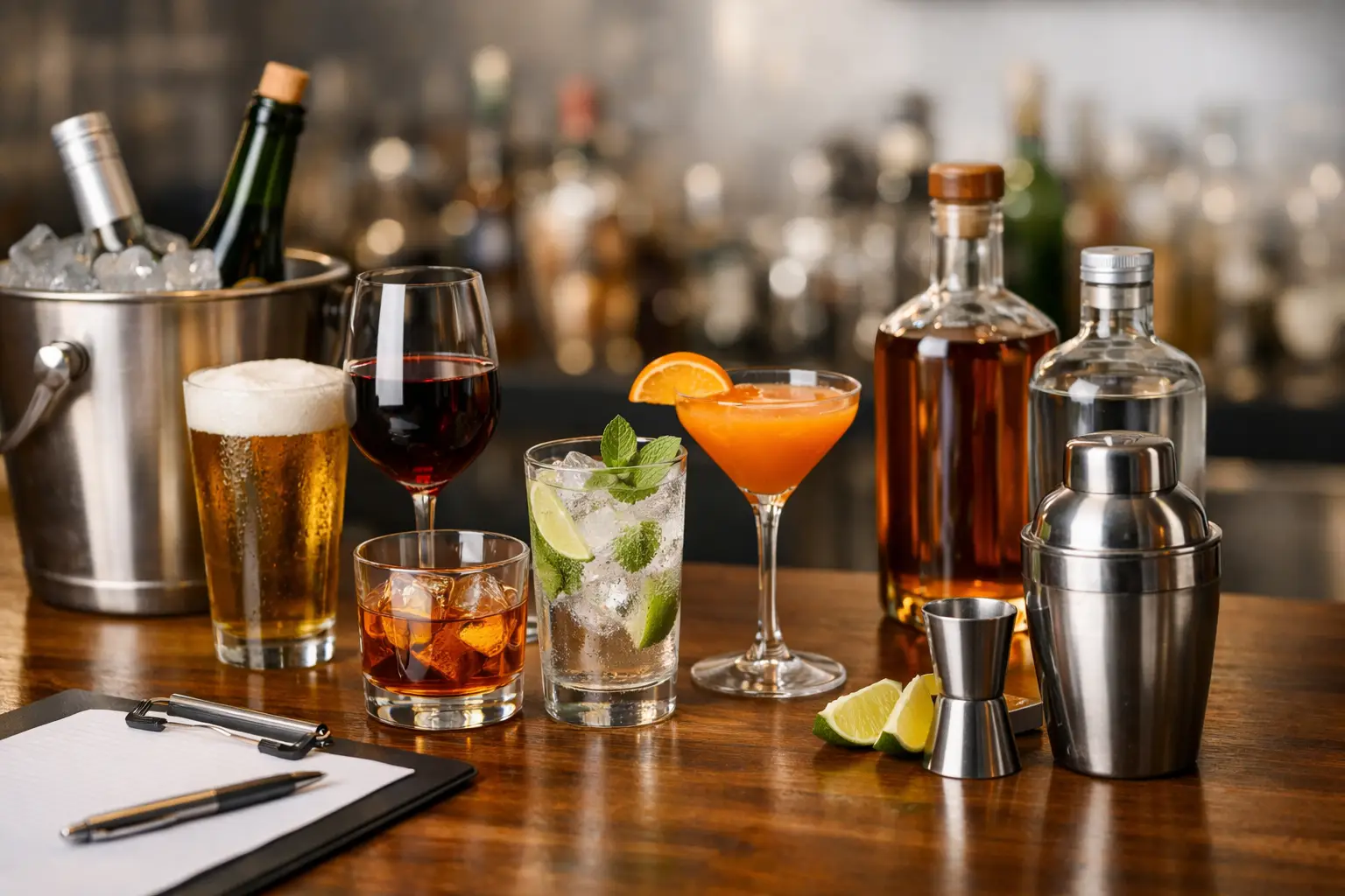 Party drinks setup with cocktails, wine, beer, and bar tools on a counter.