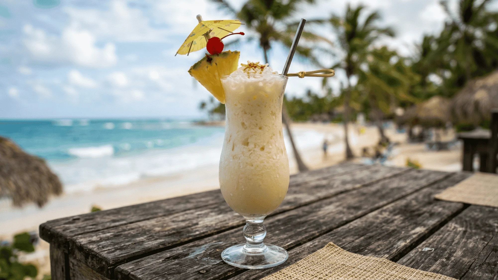 Piña Colada cocktail with pineapple on a tropical beach. (1)