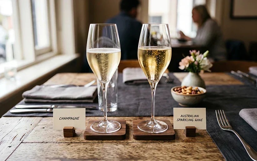 Two glasses of sparkling wine labeled “Champagne” and “Australian Sparkling Wine” on a restaurant table.