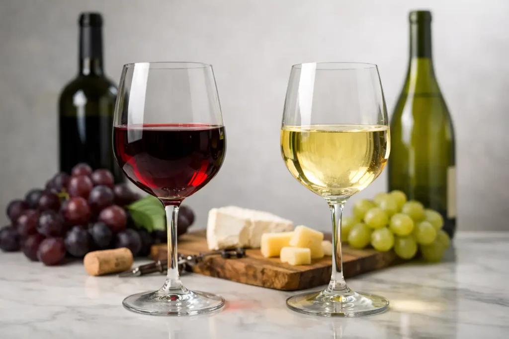 Glasses of red and white wine served with grapes and cheese.