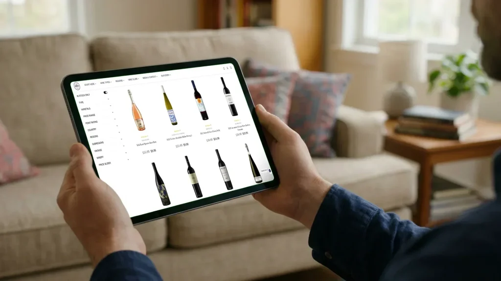 Person browsing and buying wine online on a tablet at home.