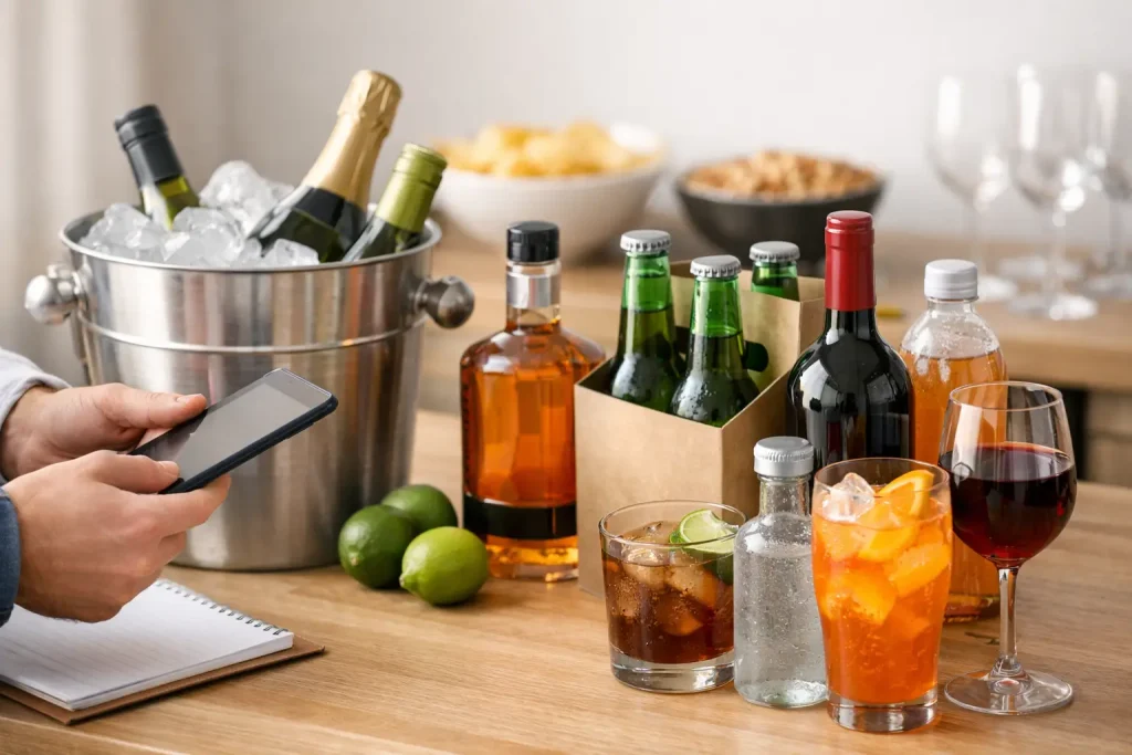 Wine, beer, spirits, and cocktails prepared for a party or event.