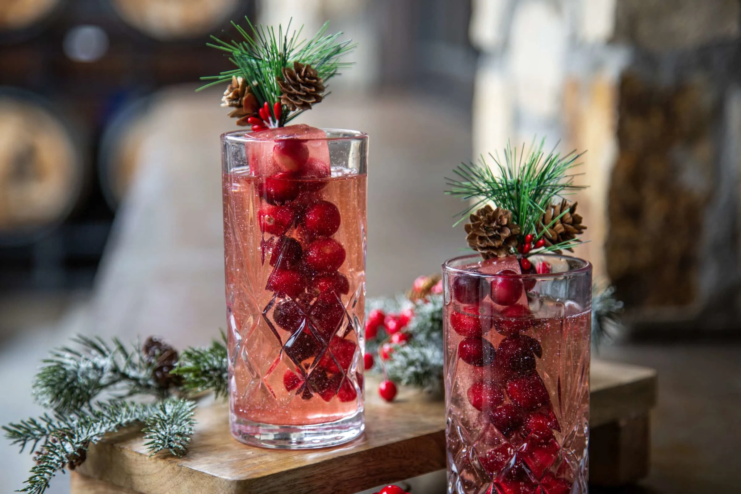Festive Christmas cocktails with cranberries, pine sprigs, and pinecones.