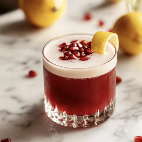 Pomegranate whisky sour with lemon twist and pomegranate seeds.